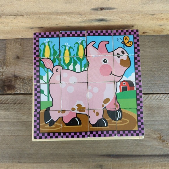 Melissa & Doug - Wooden Cube Puzzle - Create 6 Farm Scenes - 16 Pieces - ages 3+ - Picture 1 of 7